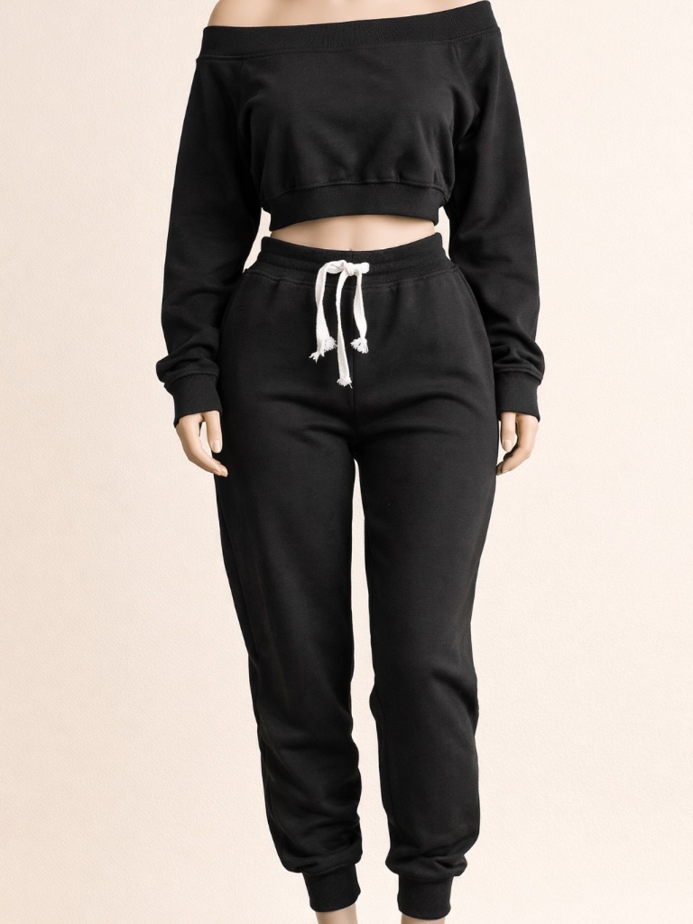 Black Off Shoulder Crop Top & Jogger Lounge Set Size M